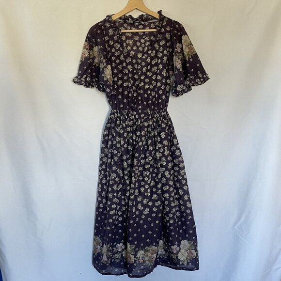 Albert Nipon Floral Print Ruffle Sleeve Button Front Dress Size 6 Purple Tan - Picture 1 of 10